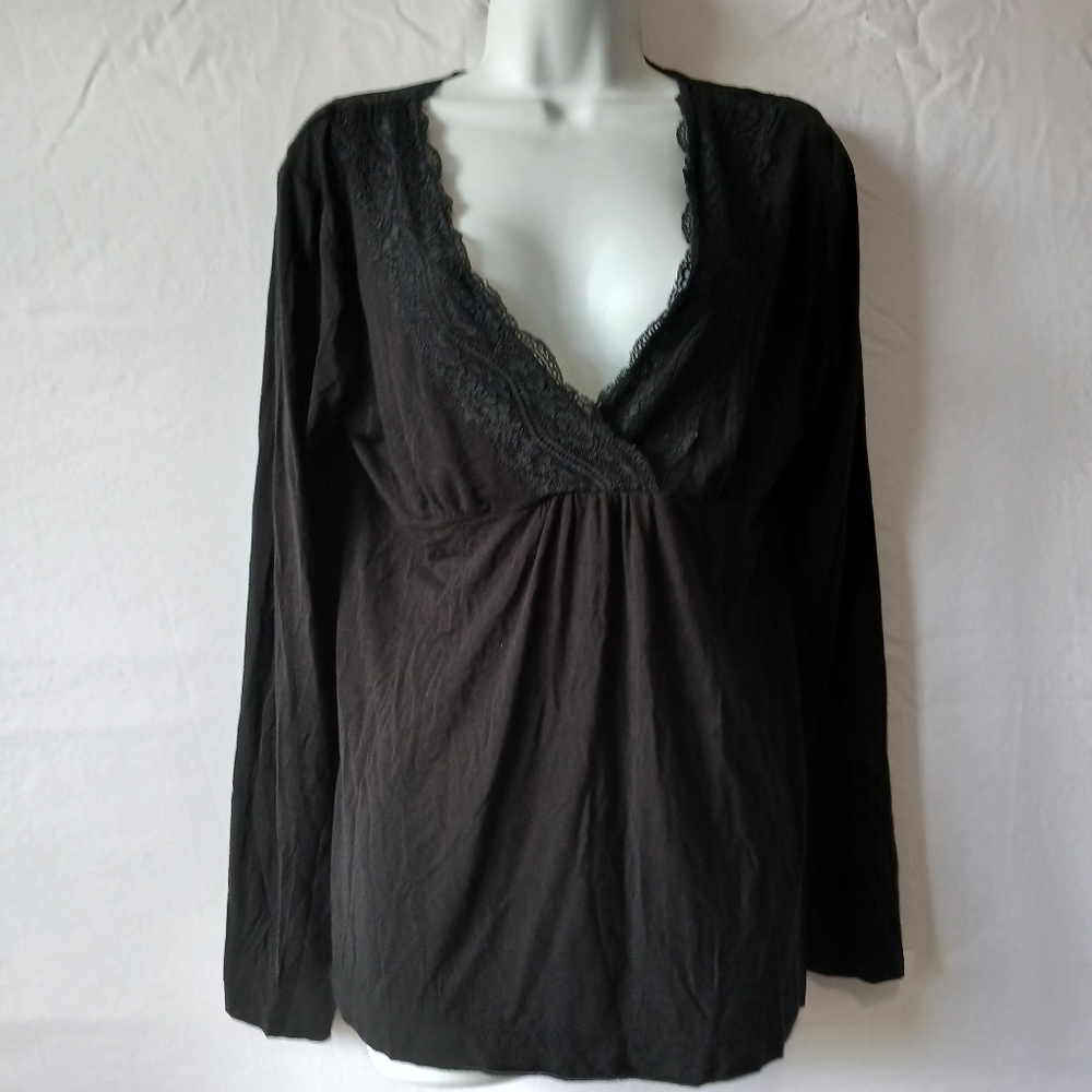 Tahari Black Top Lace Trim  Sz M Babydoll Romantic Night Out Whimsical Party‎